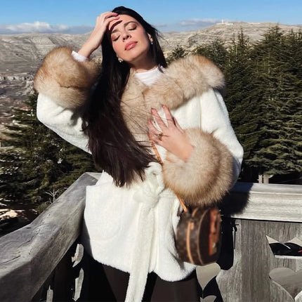 Cotton Lined Furry Fur Collar Belts Jacket Women Fashion Long Sleeve Thicken Warm Female Coat 2025 Winter Street Casual Outwear