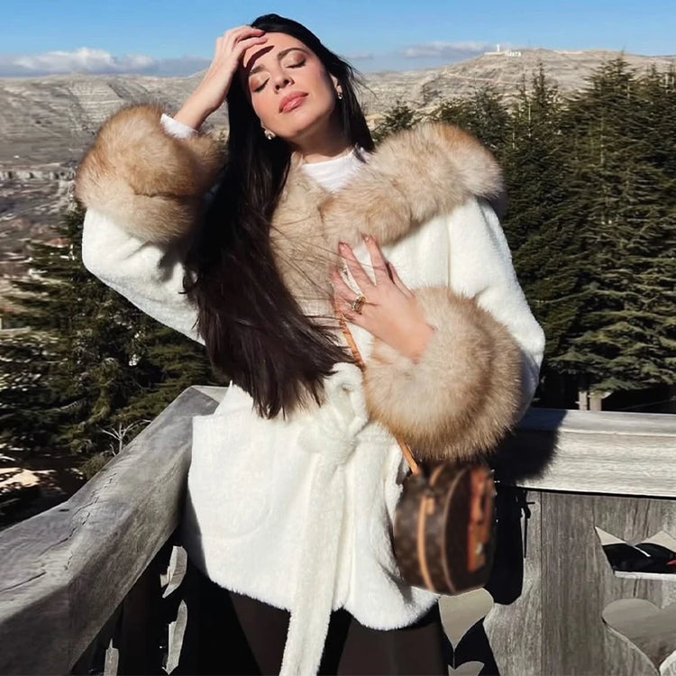 Cotton Lined Furry Fur Collar Belts Jacket Women Fashion Long Sleeve Thicken Warm Female Coat 2025 Winter Street Casual Outwear