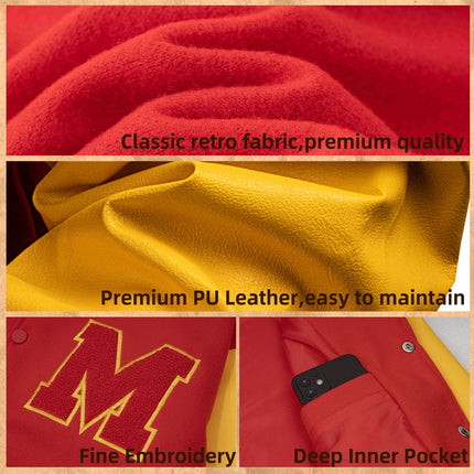 Mens M Letter Varsity Jacket Vintage Faux Leather Sleeve Baseball Letterman Coat Red & Yellow Streetwear for Casual Wear