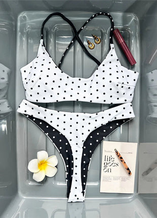 XS - L Nuovo Bikini Micro Thong a Pois da Donna, Costume da Bagno Due Pezzi, Set Bikini V7854 PlatiNum