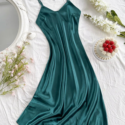 Elegante camicia da notte in raso da donna, sexy e comoda, abito lungo a tinta unita, pigiama per donna