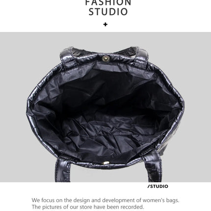 Large Capacity Women's Tote Bag Street Style Commuter Bag down Handbag Fashion Pure Color Handbag PU Material Daily Match PlatiNum