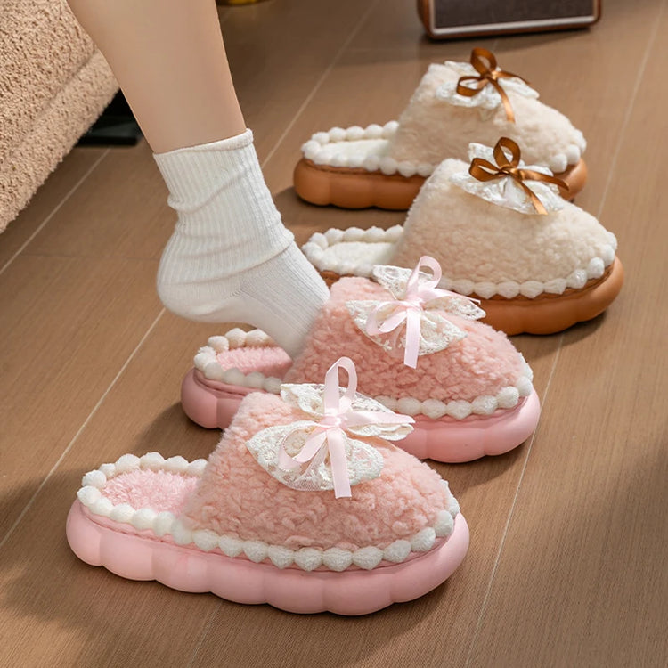 Winter Warm Fur Slippers For Women Thick-Soled Household Slippers Cute Bow Non Slip Soft Home Shoes Indoor Plush Women's Slipper