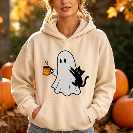 Ghost Black Cat Coffee Print Halloween Hoodie Spooky Season Graphic Pullover Women Fall Holiday Daily Wear Top Hoodies Women