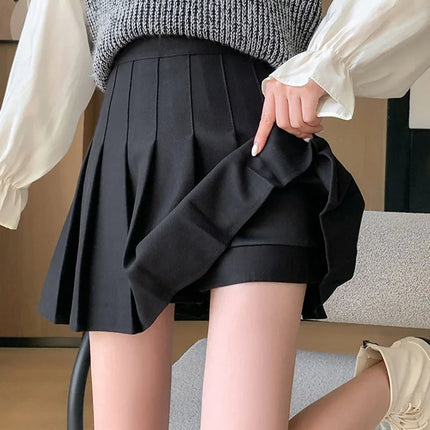 Autumn Winter Woolen Pleated Skirts Women New Korean High Waist Slimming Mini Skirt Ladies Preppy Style Side Zipper A-Line Skirt PlatiNum