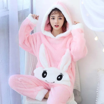 2024 New Plush Pajamas Set for Women Thick Hooded Women 2 Piece Clothes Set Cute Rabbit Women Pyjamas Coral Fleece Warm Homewear