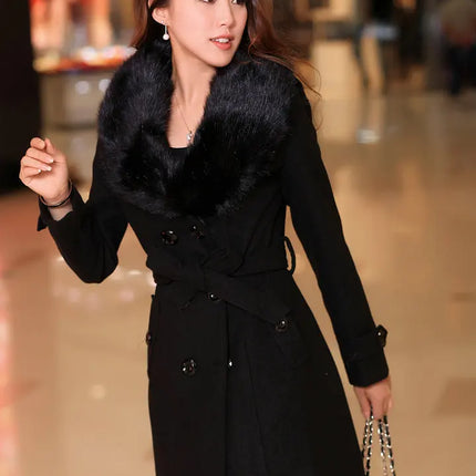 Mid Length Wool Coats Women Fur Collar Splice Blends Korean Full Sleeve Double Breasted Lace Up Belt Thick Warm Winter Jackets