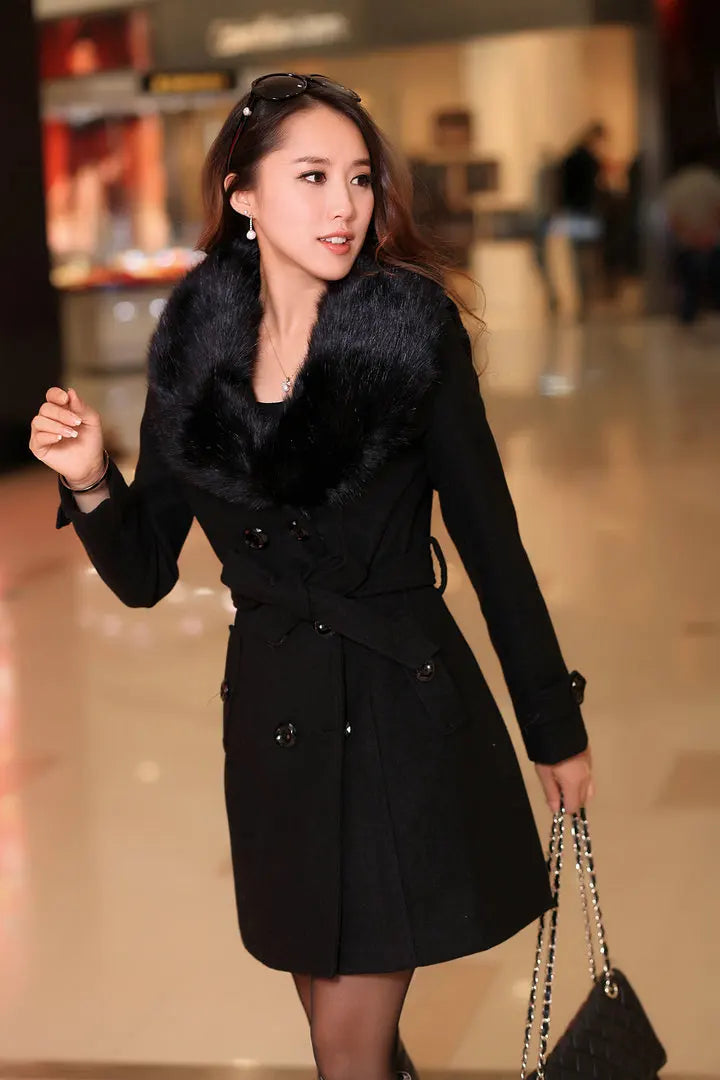 Mid Length Wool Coats Women Fur Collar Splice Blends Korean Full Sleeve Double Breasted Lace Up Belt Thick Warm Winter Jackets