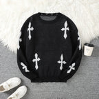 Trendy Street Style Ripped Cross Pattern Pullover Ripped Sweater Casual Crew Neck Knit Men's Pullover