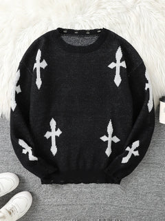 Trendy Street Style Ripped Cross Pattern Pullover Ripped Sweater Casual Crew Neck Knit Men's Pullover