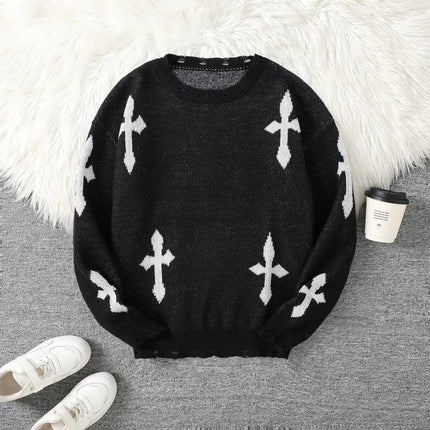 Trendy Street Style Ripped Cross Pattern Pullover Ripped Sweater Casual Crew Neck Knit Men's Pullover