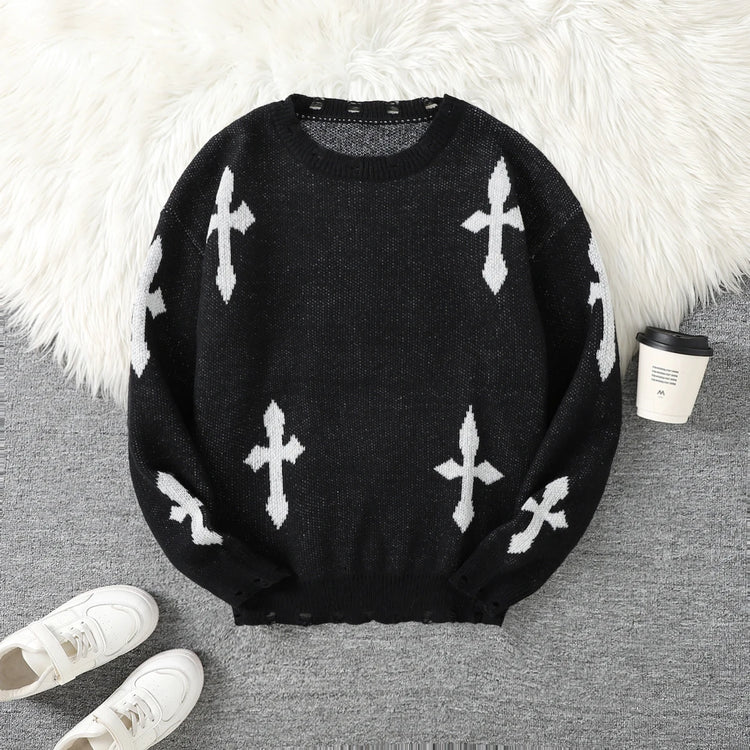 Trendy Street Style Ripped Cross Pattern Pullover Ripped Sweater Casual Crew Neck Knit Men's Pullover