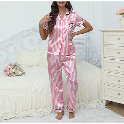 Set Pigiama da Donna con Stampa a Righe e Fiocco, Completo Estivo con Maglietta a Maniche Corte e Pantaloni, Comodo Abbigliamento da Notte e Loungewear