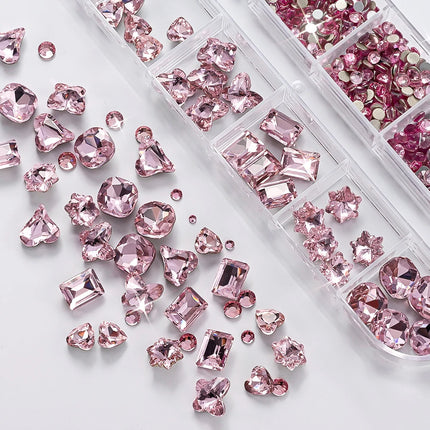 12 Grids 3D Pink Valentine's Diamond for Nails Art Bling Love Heart Oval Square Glass Rhinestones DIY Manicure Decorations