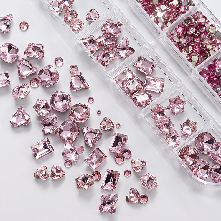 12 Grids 3D Pink Valentine's Diamond for Nails Art Bling Love Heart Oval Square Glass Rhinestones DIY Manicure Decorations