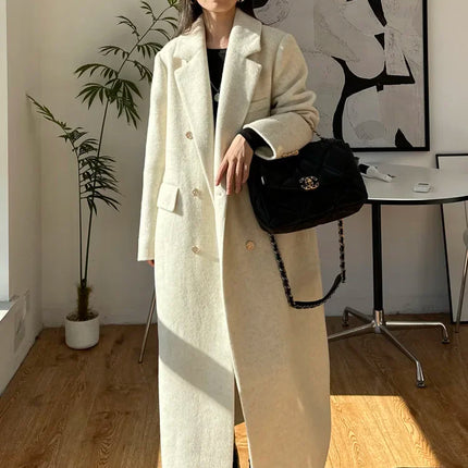 High-end Thick Double-sided Wool Coat Female Fashion Long  Autumn Winter Lapel Double Breasted Wool Coat Women Loose Outerwear