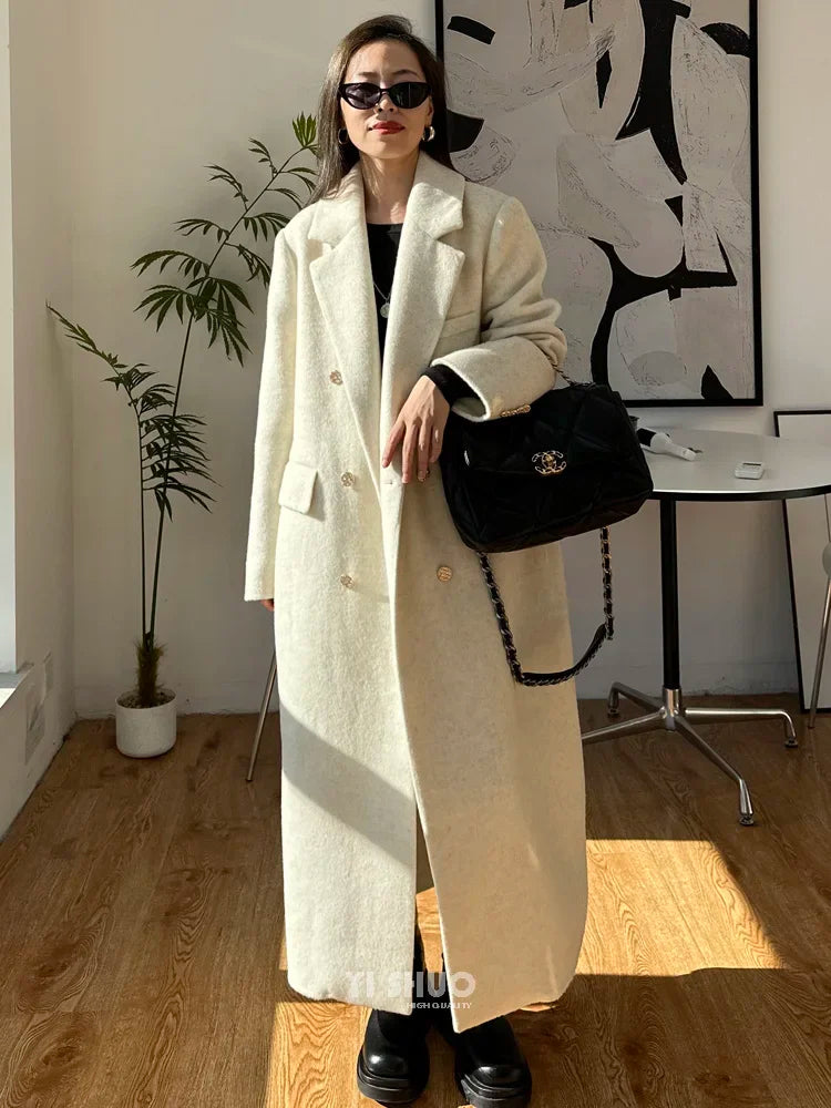 High-end Thick Double-sided Wool Coat Female Fashion Long  Autumn Winter Lapel Double Breasted Wool Coat Women Loose Outerwear
