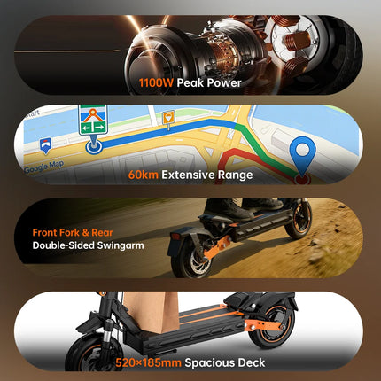 Monopattino Elettrico Pieghevole Fynzo S11, Velocità Massima 45km/h, 1100W 48V/15.6Ah, Doppia Sospensione, Autonomia 60km, Pneumatici Tubeless da 10'', Potenza di Picco 1100W, NFC