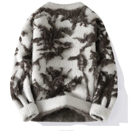 Men Jacquard Furry Sweater Long Sleeve Thick Print Faux Mink Velvet Knit Dyed Pullover O Neck High Street Warm Sweater Jumpers