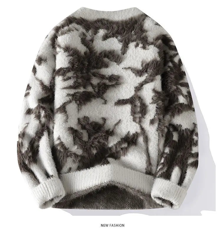 Men Jacquard Furry Sweater Long Sleeve Thick Print Faux Mink Velvet Knit Dyed Pullover O Neck High Street Warm Sweater Jumpers