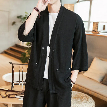 Kimono Camicia da uomo Samurai giapponese Cardigan tinta unita retrò Stile cinese Cotone Lino Yukata Haori Cappotto da uomo allentato Streetwear