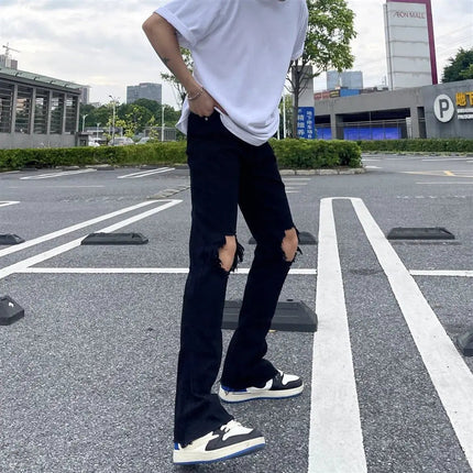 American High Street Zipper Ripped Raw Edge Black Jeans Men's fashion Loose Straight Leg Long Pants Casual Streetwear Jean PlatiNum