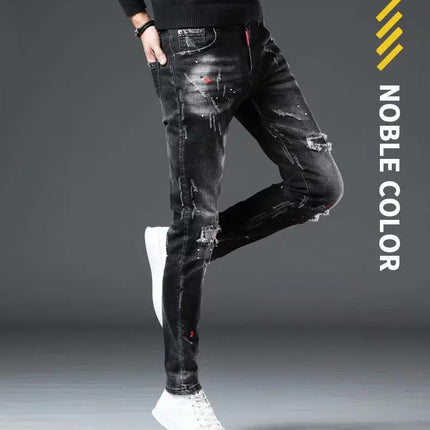 High Street  2022 Fashion Casual Ripped Jeans Men's Patch Teenagers Cowboy Paint Splash Ink Black Pencil Pants Skinny Jeans Men PlatiNum