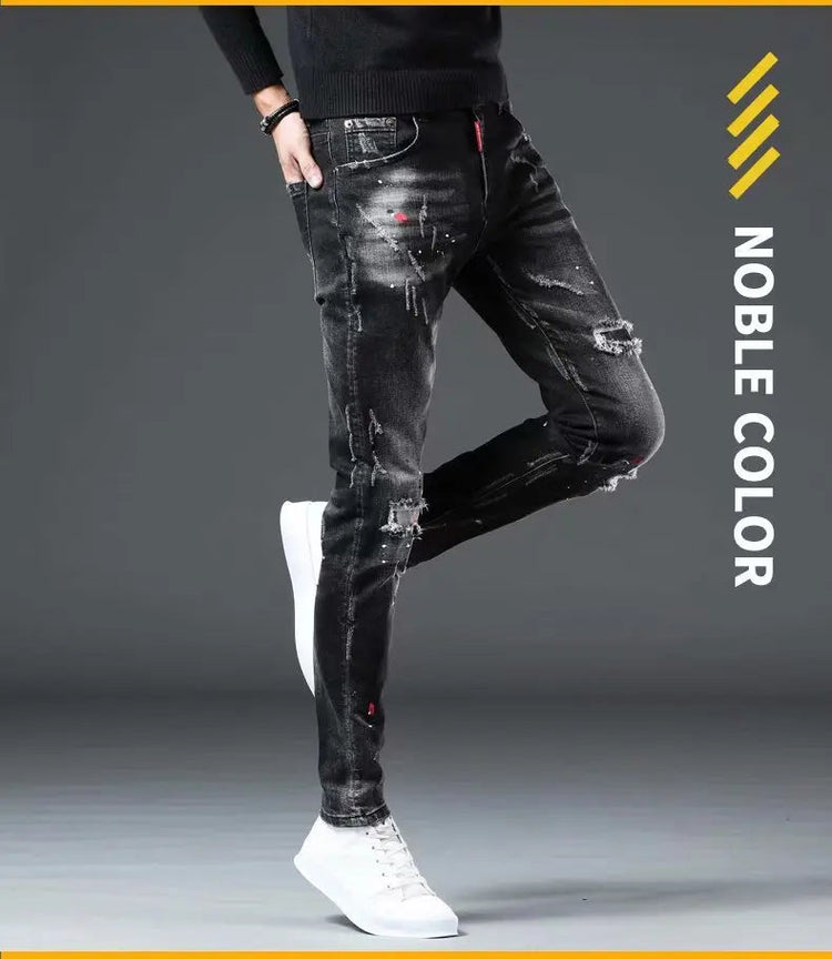 High Street  2022 Fashion Casual Ripped Jeans Men's Patch Teenagers Cowboy Paint Splash Ink Black Pencil Pants Skinny Jeans Men PlatiNum