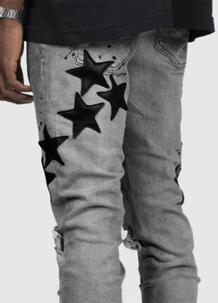 Vintage Star Print Stretch Punk Style Ripped Jeans Men's Streetwear Fashion Pocket Male Youth Daily Casual Denim Pencil Pants PlatiNum