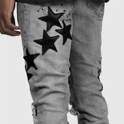 Vintage Star Print Stretch Punk Style Ripped Jeans Men's Streetwear Fashion Pocket Male Youth Daily Casual Denim Pencil Pants PlatiNum