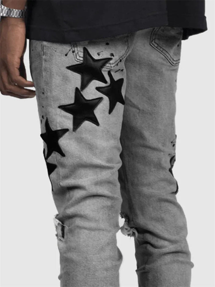 Vintage Star Print Stretch Punk Style Ripped Jeans Men's Streetwear Fashion Pocket Male Youth Daily Casual Denim Pencil Pants PlatiNum