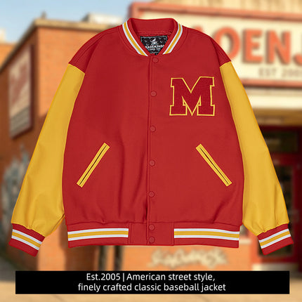 Mens M Letter Varsity Jacket Vintage Faux Leather Sleeve Baseball Letterman Coat Red & Yellow Streetwear for Casual Wear