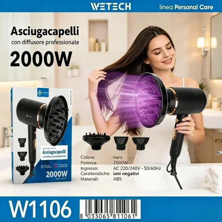 2000W Professional Negative Ionic Hair Dryer Hot Cold Air Adjustable Temperature Blow Dryer Salon Home Use With Nozzle/Diffuser Fast Drying
