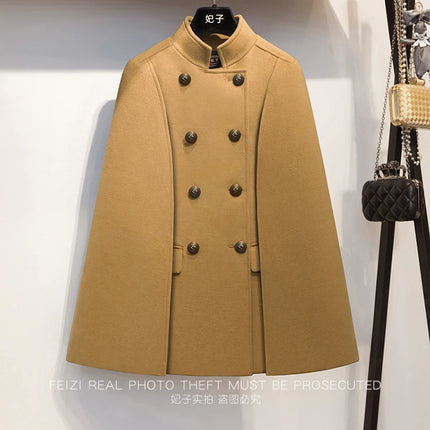 French Elegant Retro Hepburn Style Stand Collar Double-breasted Loose Temperament Commuter Woolen Jacket Cape Cloak Women Autumn