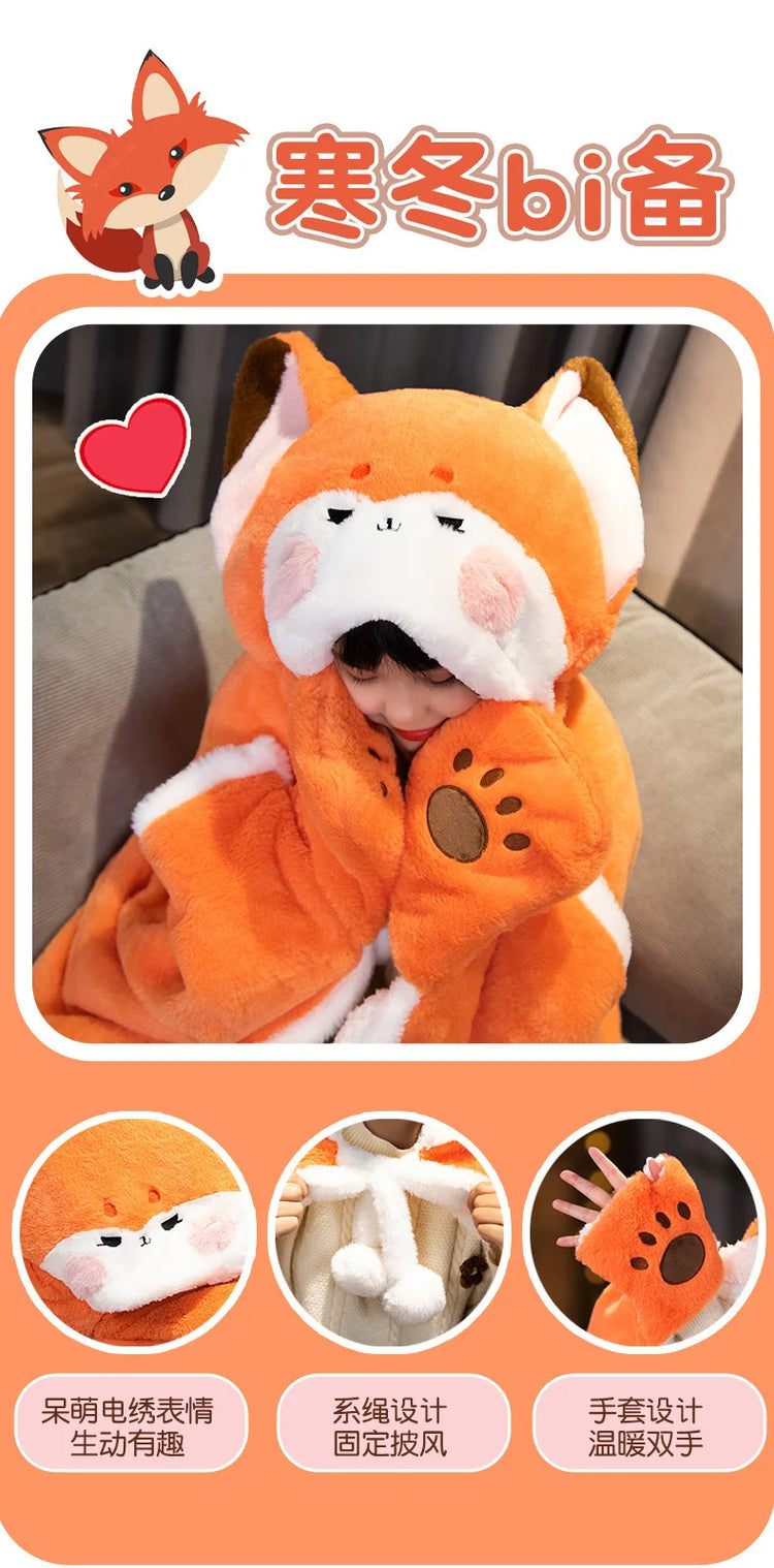 Anime Fox Cloak Fox Cape Cartoon Cloak Coral Fleece Keep Warm Air Blankets Cosplay Costumes Lovely Soft Birthday Valentine Gifts