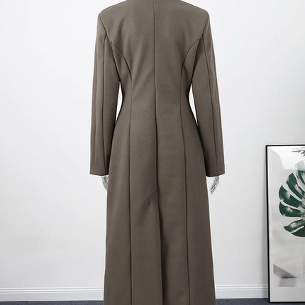 Women's Long Coat Slim V Neck Single Breasted Overcoats Shoulder Pad Maxi Jackets with Belt 2025 New Winter Lady Commute Outwear