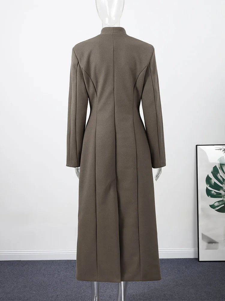 Women's Long Coat Slim V Neck Single Breasted Overcoats Shoulder Pad Maxi Jackets with Belt 2025 New Winter Lady Commute Outwear