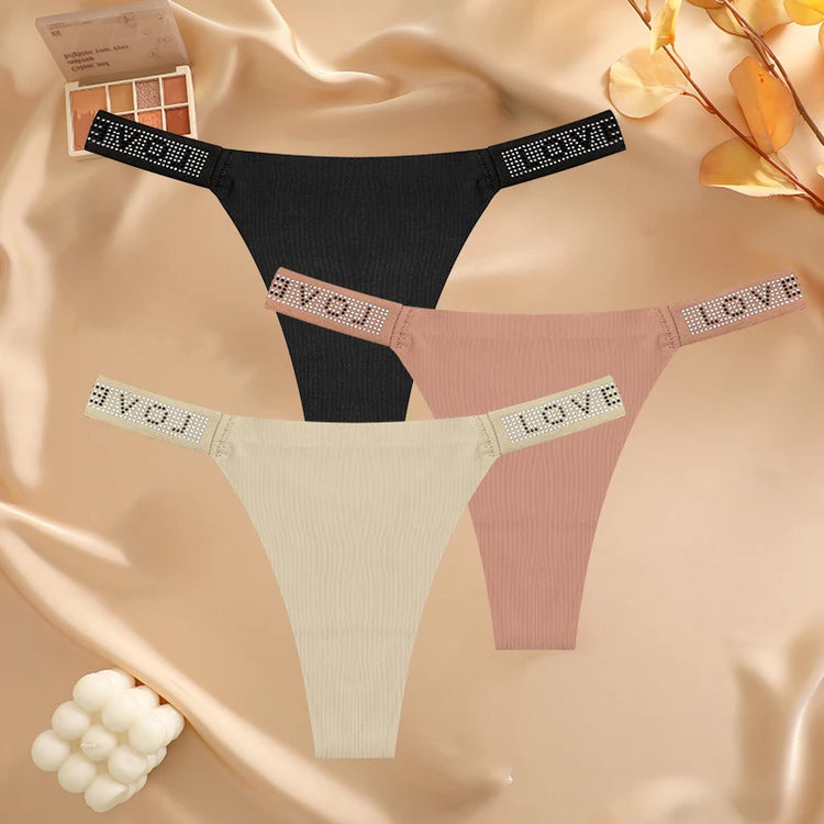 3Pcs/Set Seamless Low Waist Sexy Panties Women Thongs Rhinestones Letter Diamonds G-string Sports Thong Shorts Briefs T-back