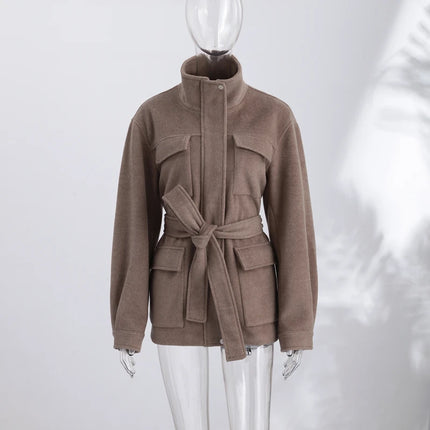 Casual Solid Woolen Loose Coats Women Belt Stand Collar Full Sleeve Zippers Lace Up Coat Female 2026 Autumn Lady Outwears