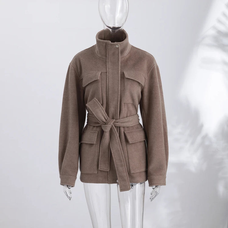 Casual Solid Woolen Loose Coats Women Belt Stand Collar Full Sleeve Zippers Lace Up Coat Female 2026 Autumn Lady Outwears