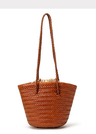 Borsa a secchiello intrecciata a mano 2026 in vera pelle, borsa a tracolla vintage da donna per uso quotidiano, pendolarismo e vacanze