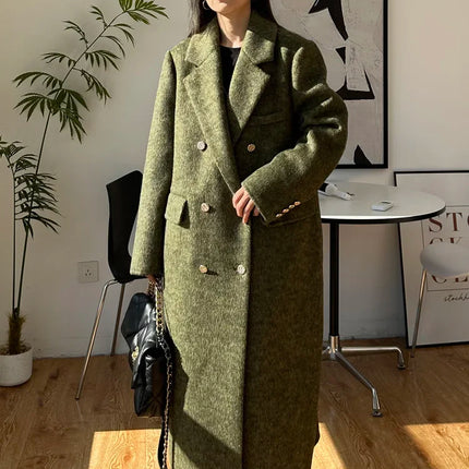 High-end Thick Double-sided Wool Coat Female Fashion Long  Autumn Winter Lapel Double Breasted Wool Coat Women Loose Outerwear