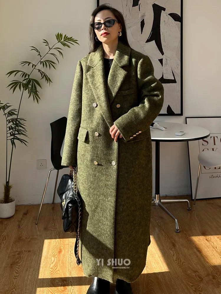 High-end Thick Double-sided Wool Coat Female Fashion Long  Autumn Winter Lapel Double Breasted Wool Coat Women Loose Outerwear