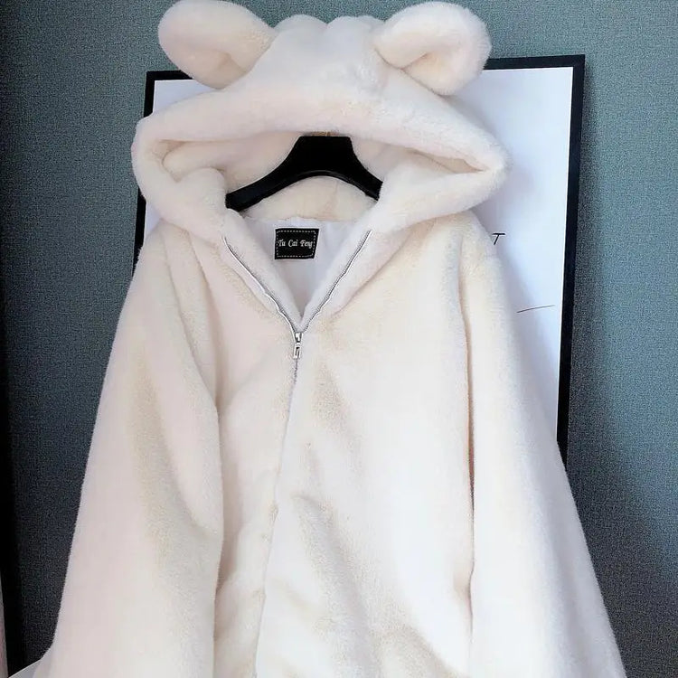 Cosy Loose Faux Fur Coat Womens Faux Fur Fuzzy Hooded Fluffy Ears Surcoat Overcoat Woman Winter Warm Outerwear Snowy Day Wrap