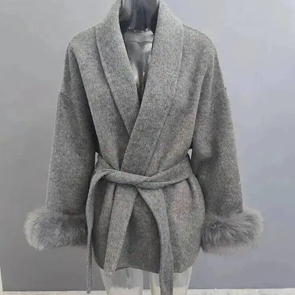 UCXQ Elegant OL Office Lady Overcoats Fur Patchwork Long Sleeve Woolen Coat Beautiful Women's Clothing Jacket Autumn 2025 Winter