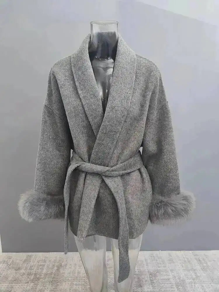 UCXQ Elegant OL Office Lady Overcoats Fur Patchwork Long Sleeve Woolen Coat Beautiful Women's Clothing Jacket Autumn 2025 Winter