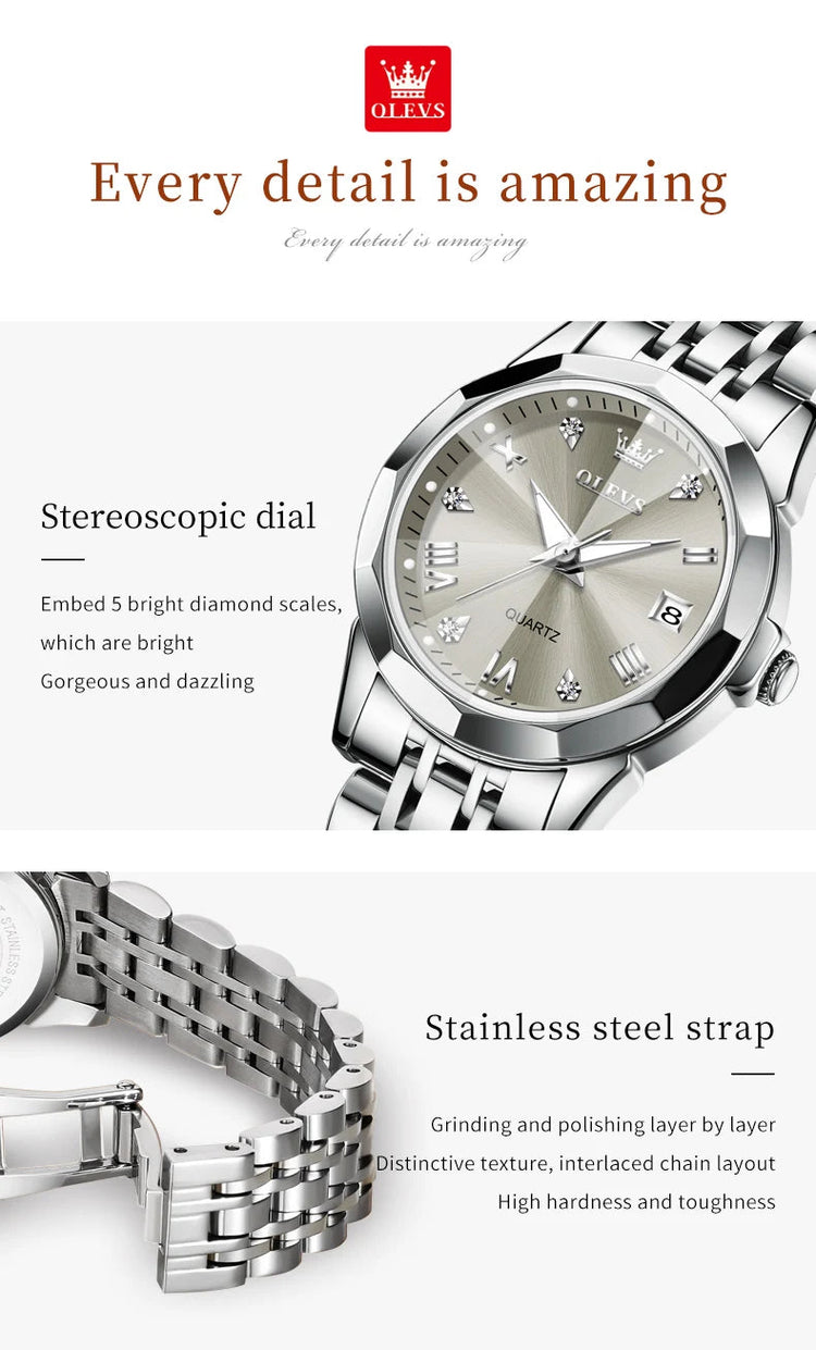 OLEVS 9931 Elegante Orologio da Donna di Lusso, Marca Originale, Movimento al Quarzo, Impermeabile, in Acciaio Inossidabile, Luminoso con Data platinumshop