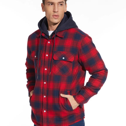 TACVASEN Men's Flannel Shirt Jacket with Removable Hood Plaid Quilted Lined Winter Coats Thick Hoodie Outwear Man Fleece Shirts