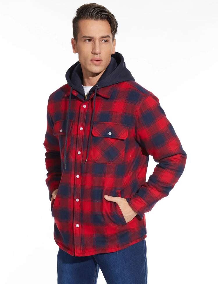 TACVASEN Men's Flannel Shirt Jacket with Removable Hood Plaid Quilted Lined Winter Coats Thick Hoodie Outwear Man Fleece Shirts