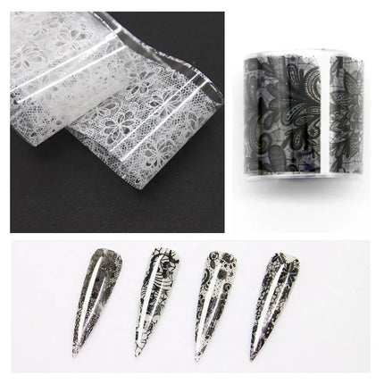10 Rolls 2.5*50cm New Black White Lace Transfer Foil Nail Art Sexy Full Wraps Flower Glue Adhesive DIY Manicure Styling Tools